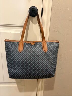 Fossil Navy Geometric Tote with Tan Leather Handles